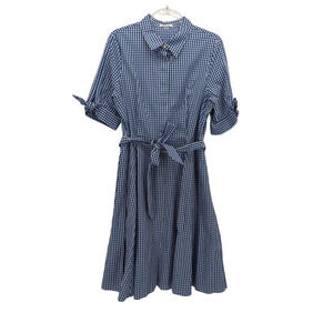 Calvin Klein 12 Dress Blue White Gingham Check Fit Flare Collared Pockets Retro